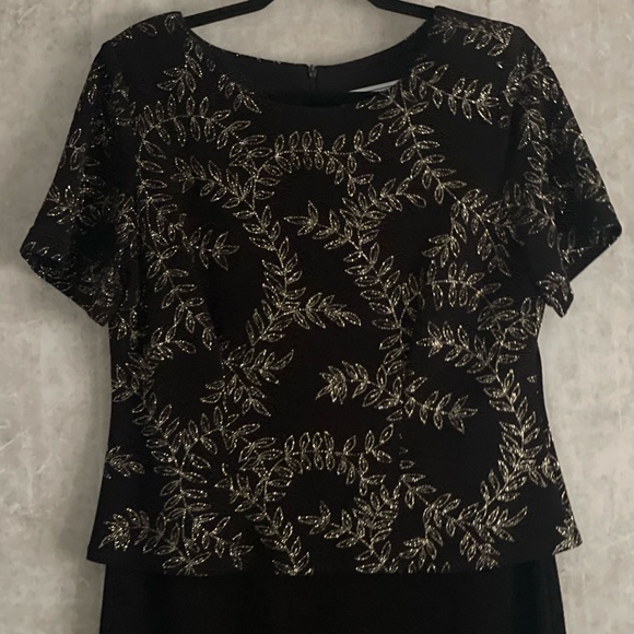 JESSICA HOWARD-VTG One Pc Top Look Evening Maxi Dress Blk Gold Leaf Sparkle Sz14 - Picture 5 of 7